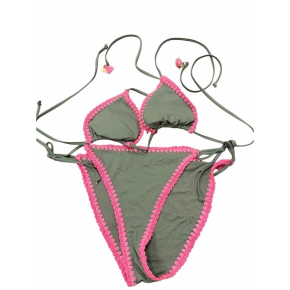 Milly bright pink embroidered green bikini swim suit- size L - Picture 1 of 4